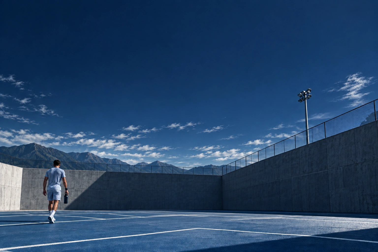 Navy outdoor court and mountain backdrop