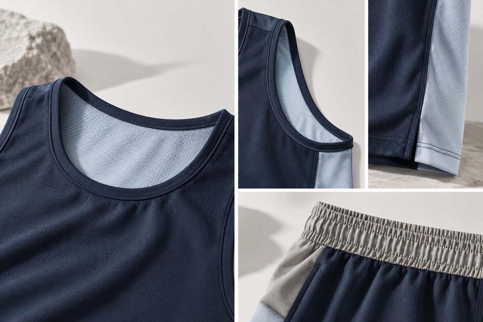 Close view of running-wear neckline, seam and waistband details