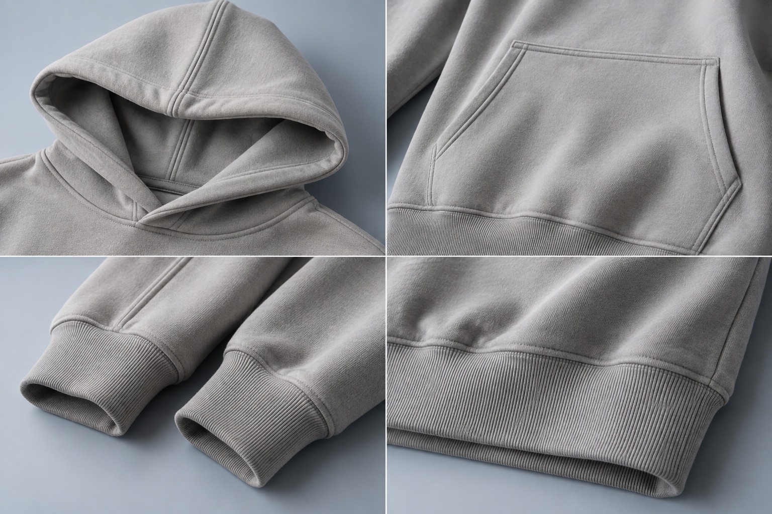 Hood, pocket, cuff and rib hem details of a plain hoodie