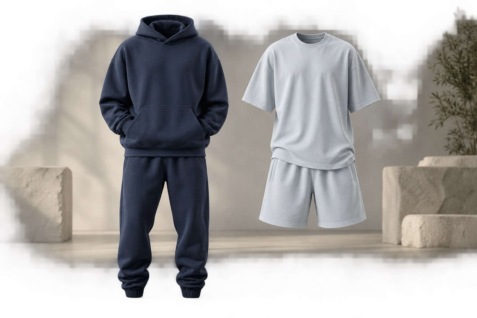 Two coordinated top-and-bottom outfit concepts