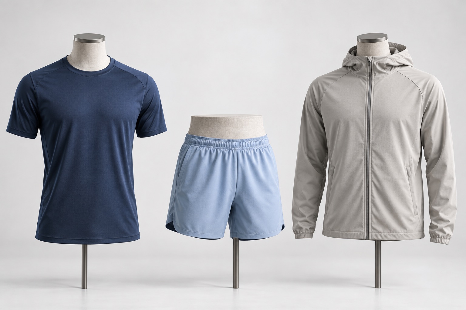 Coordinated training top, shorts and warm-up layer concepts
