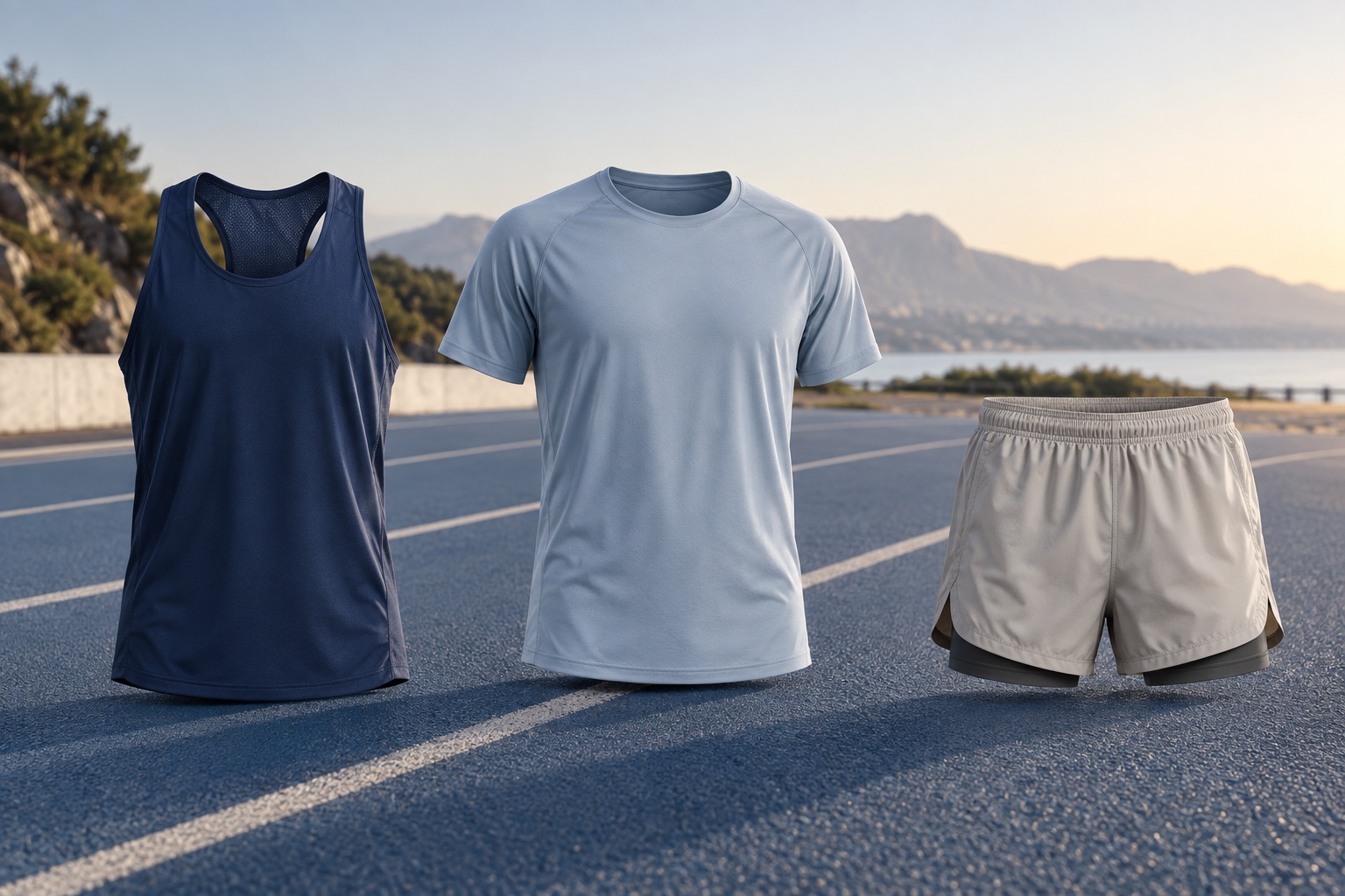 Running singlet, tee and shorts as separate concept garments