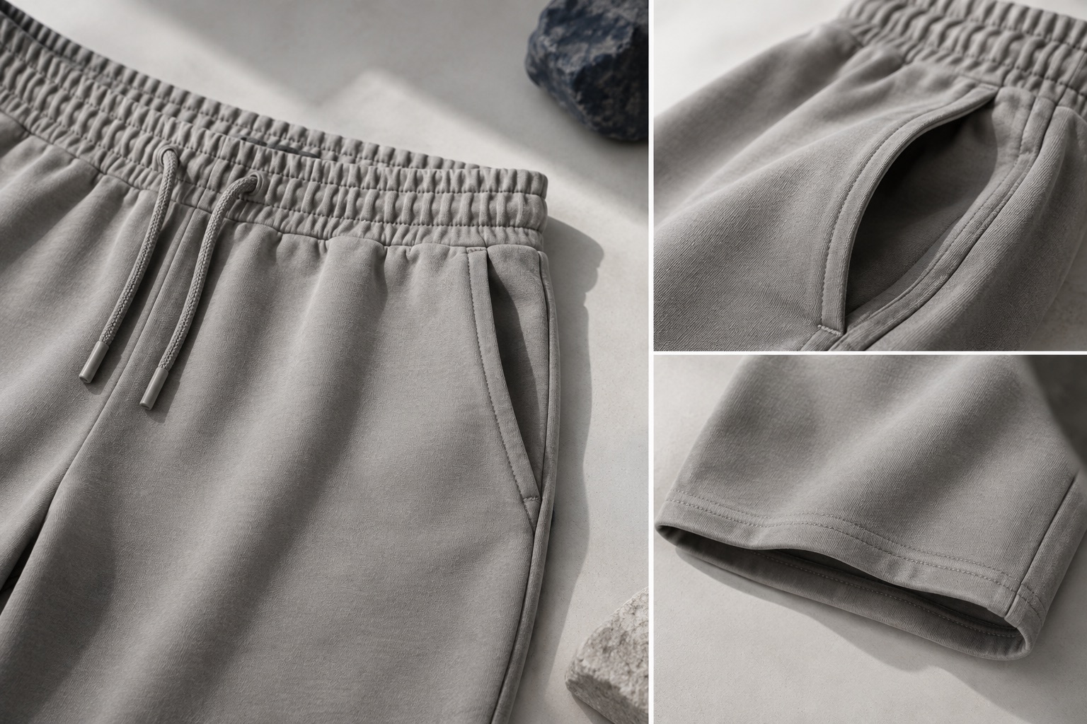 Shorts waistband, pocket and hem details