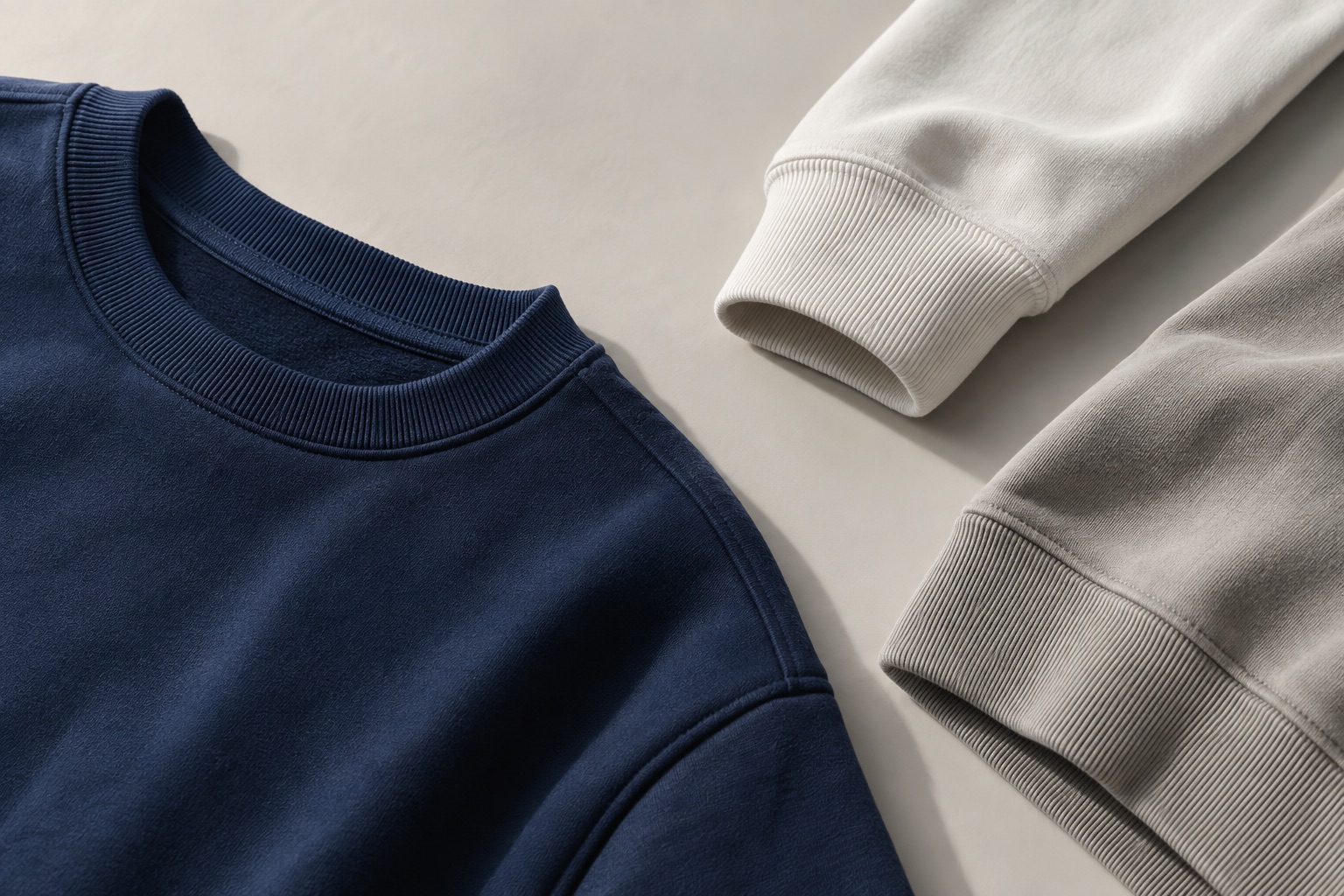 Crewneck rib, shoulder seam and hem details