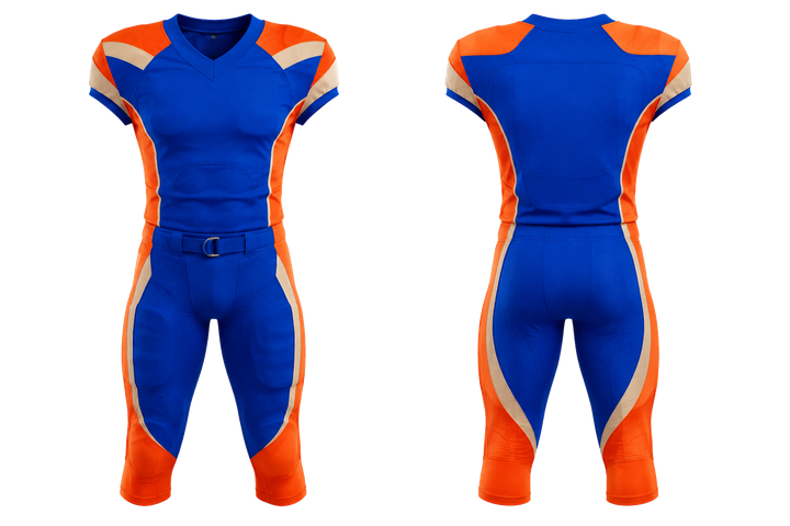 Front and back view of cobalt bold sleeve to side bridge american football padded game uniform