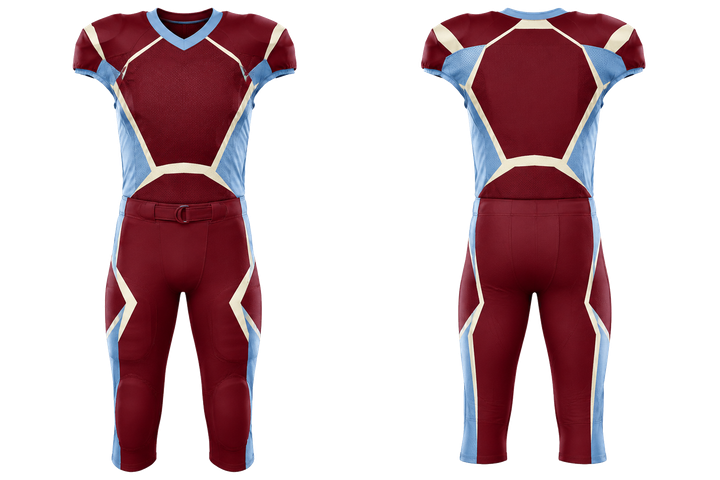 Front and back view of deep maroon faceted shield geometry american football padded game uniform