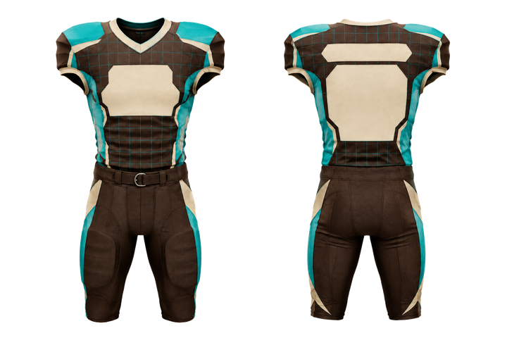 Front and back view of dark chocolate oversized tonal grid american football padded game uniform