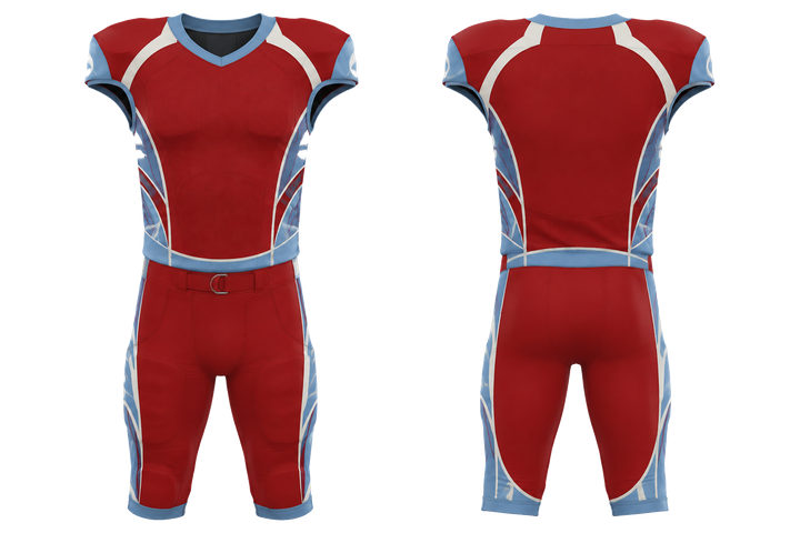 Front and back view of brick red minimal arch and orbit geometry american football practice uniform