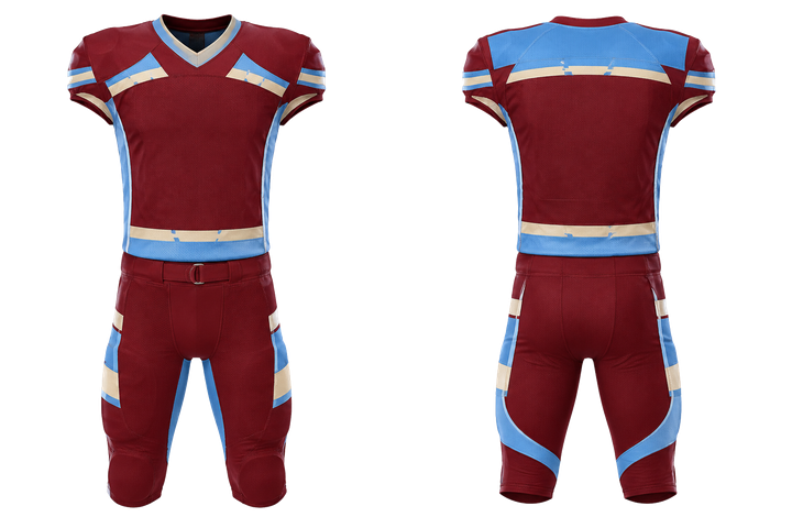 Front and back view of deep maroon broken heritage hoops american football youth football uniform