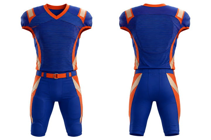 Front and back view of cobalt retro micro stripe with modern panel breaks american football youth football uniform