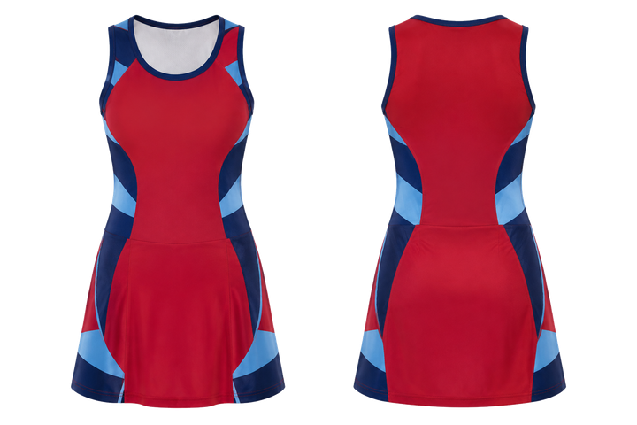 Front and back view of deep red modular block mosaic netball academy dress