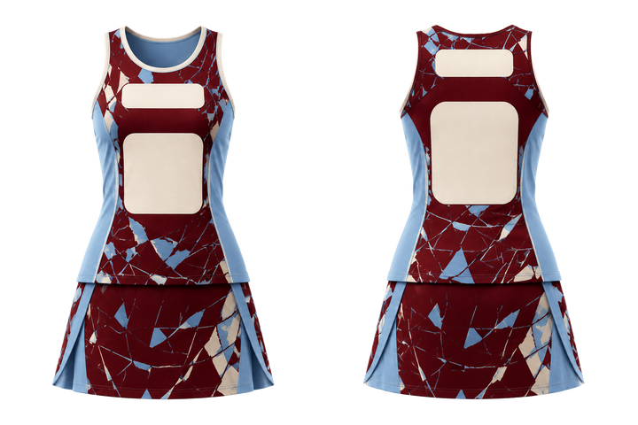 Front and back view of deep maroon fractured diamond field netball alternate competition set