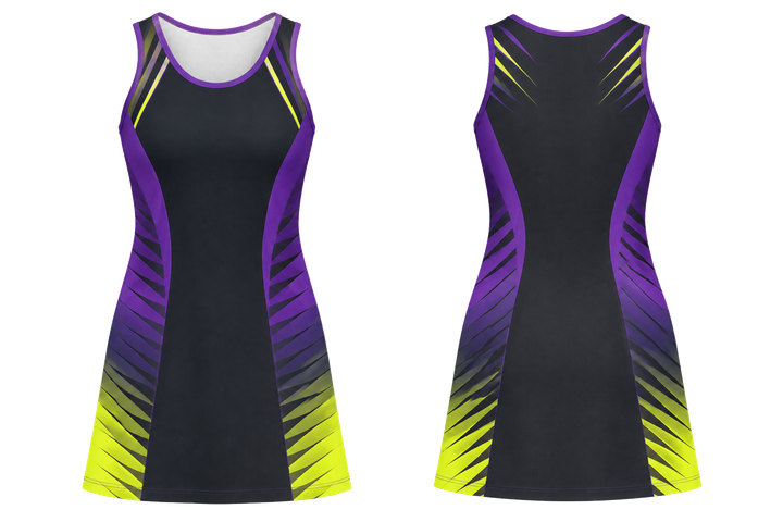 Front and back view of charcoal compressed gradient illusion made only from flat bands netball match dress