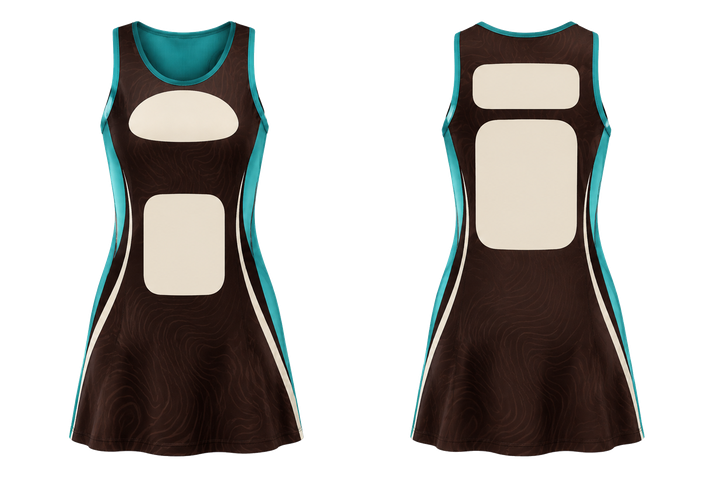 Front and back view of dark chocolate low contrast ripple map netball match dress