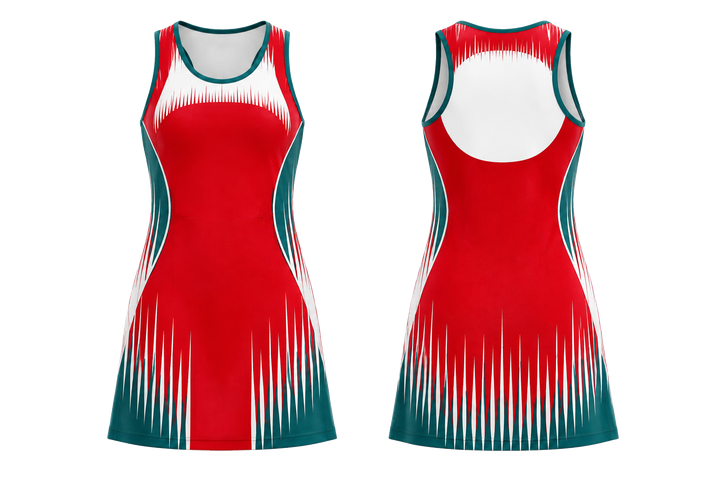 Front and back view of club red tonal soundwave rhythm netball match dress