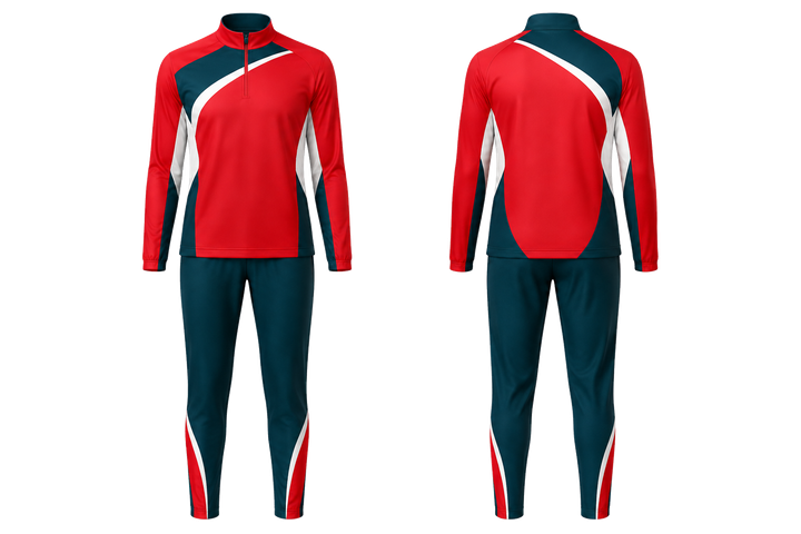 Front and back view of club red asymmetric speed panel sweep netball warm up set