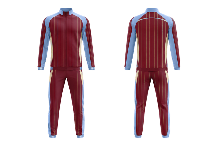 Front and back view of deep maroon wide modern pinstripe field racket sports court warm up set