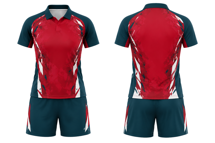 Front and back view of club red fractured diamond field racket sports racket match kit