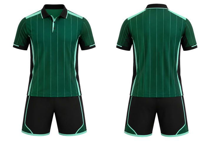 Front and back view of emerald wide modern pinstripe field racket sports racket match kit