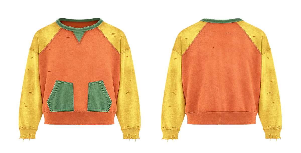 Distressed color-block crewneck, original colour preview